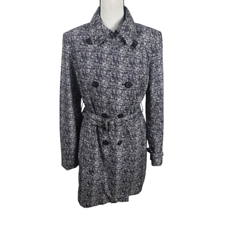 Anne Klein Rain Jacket Women Medium Black White Grid Double Breasted Trench Coat